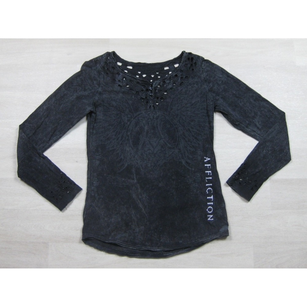 Affliction Long Sleeve Shirt Womens (M) Y2K Mall Goth Bikercore Cross Rhinestone